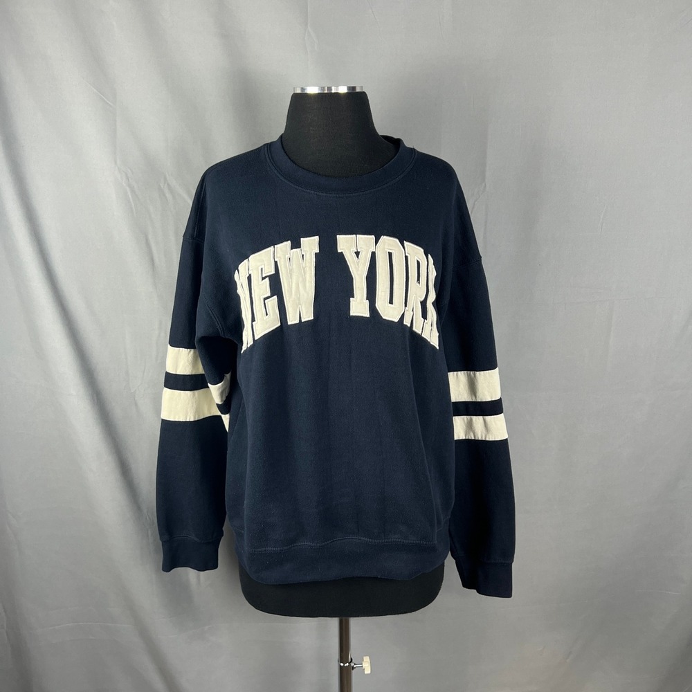 New York Popular Sweatshirt Womens Medium Navy Blue Fleece Lined Ribbed Trim